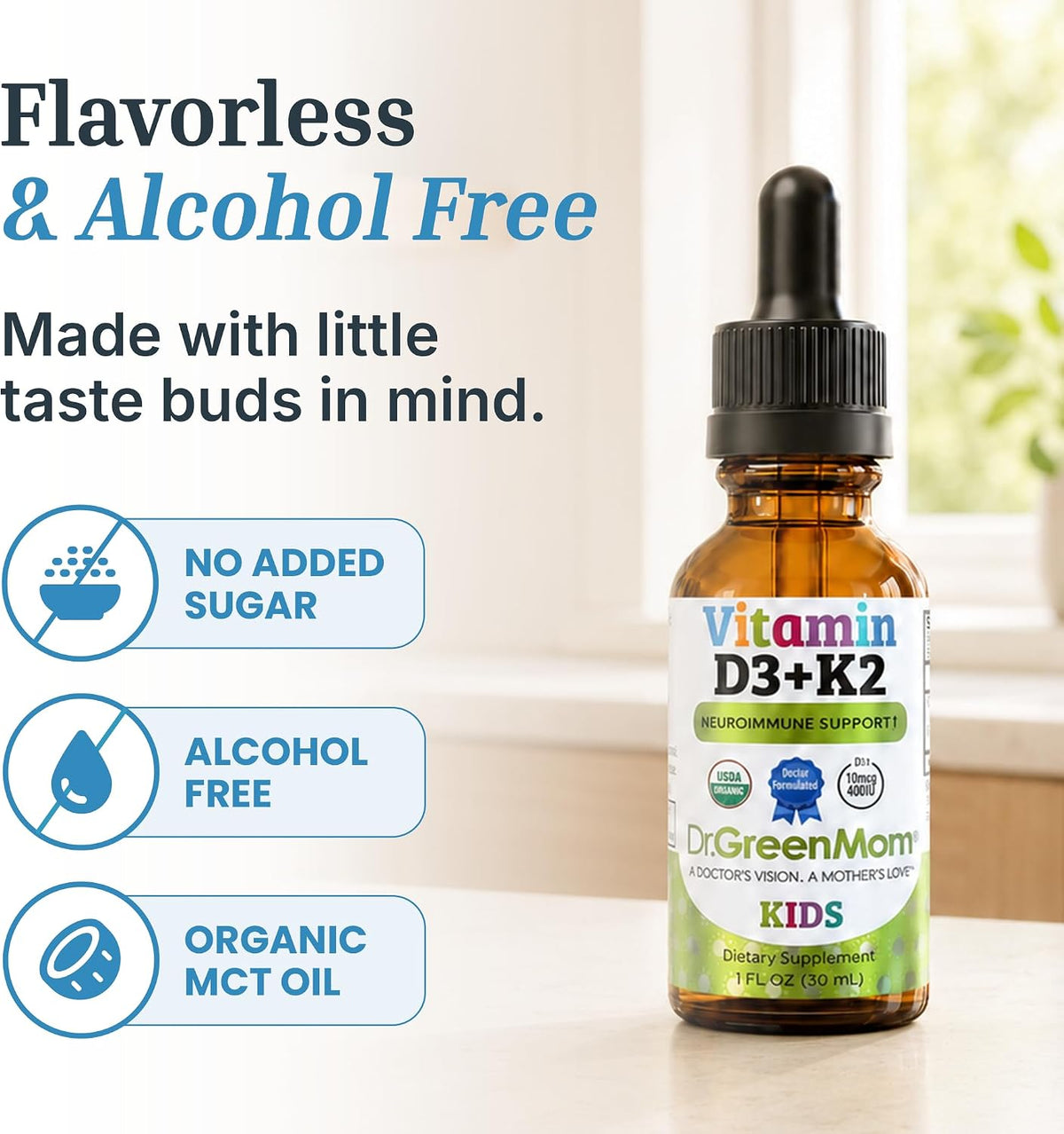 Dr. Green Mom Minimalist D3 K2 Drops — Pure Pediatrician-Recommended 400 IU in a Single Daily Drop