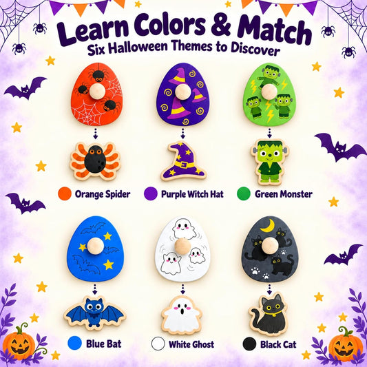 pumpkin-shaped base board with character cutouts (black cat, ghost, bat, witch hat, spider)