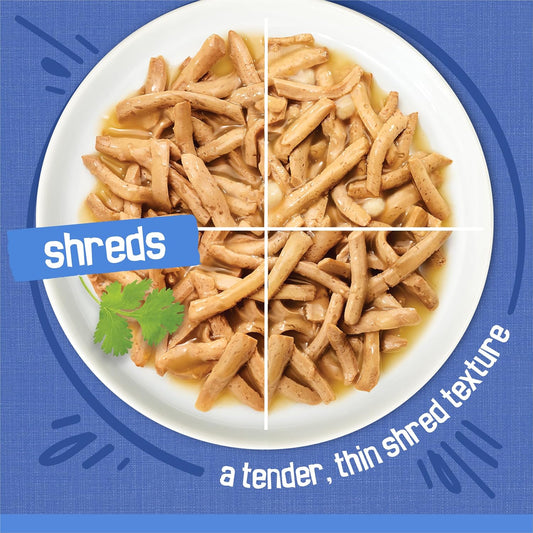 thinly shredded protein pieces suspended in thick gravy or sauce for high palatability