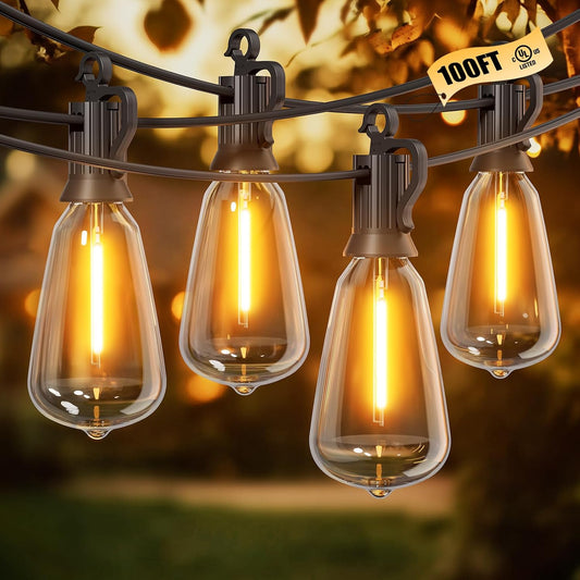 100ft commercial-grade wire with 30 st38 shatterproof led bulbs plus 2 spares (variants 30ft-200ft available)