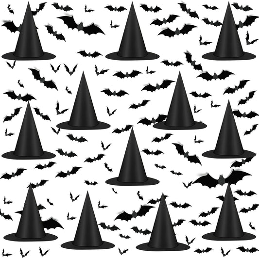 12 black oxford fabric witch hats measuring 15"x14" with 7.5" inner diameter