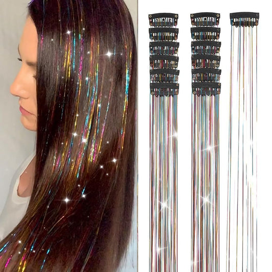 12 clip-in tinsel strands per kit, each with soft cloth and silicone-backed metal clip