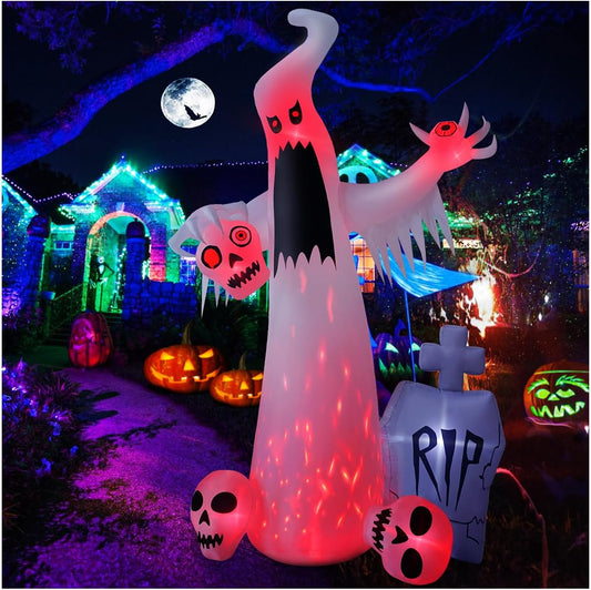 12 ft (144 x 70 inch) inflatable white ghost with three skeletons and tombstone