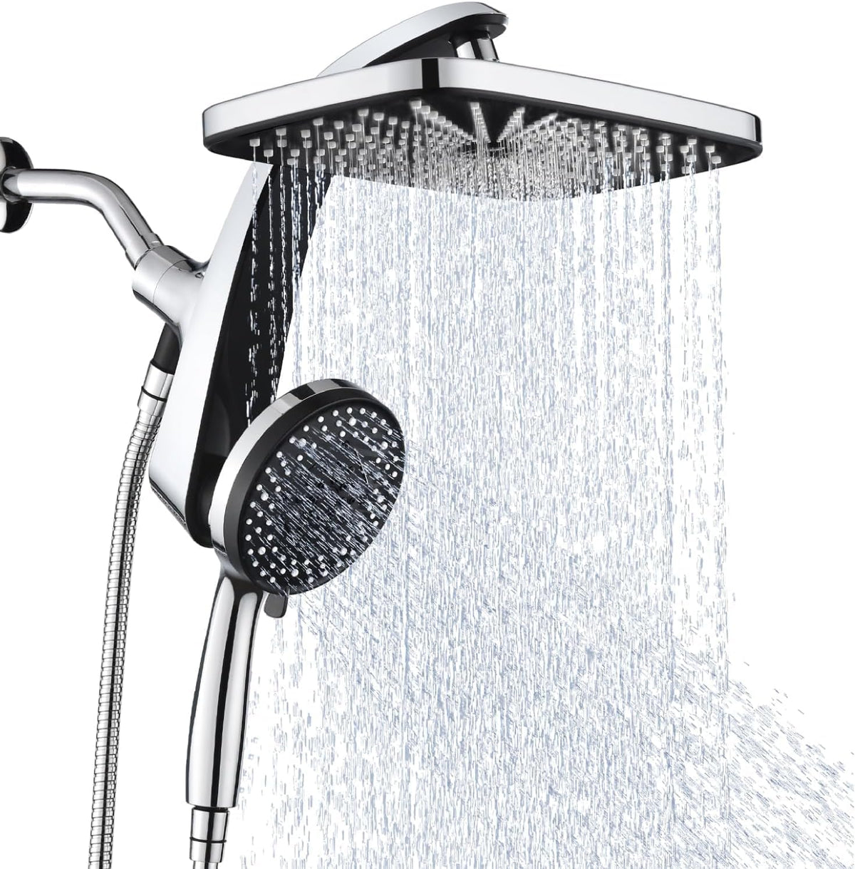 12-inch square rainfall head with 278 spray nozzles for full-body coverage
