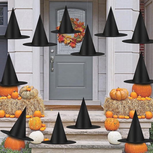 12-pack of black oxford fabric witch hats in one package