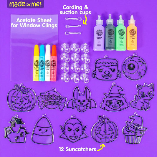 12 pre-shaped suncatcher frames themed for halloween (frankenstein, dracula, candy corn, pumpkins, bats, witch, haunted house, etc.)