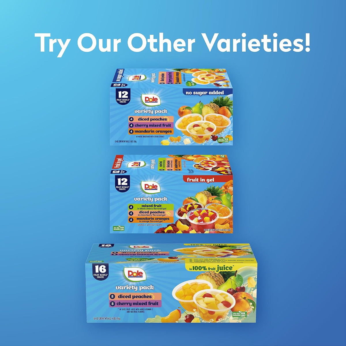12 variants across pack counts (12, 24, 36, 48, 72), liquid mediums (100% juice, no sugar added, gel), and flavor combinations to suit different household needs