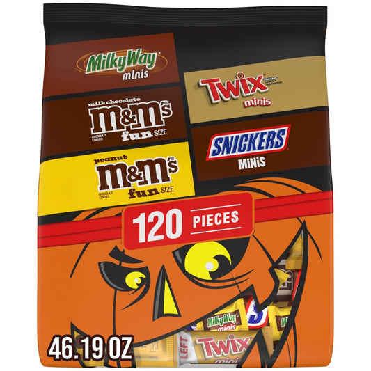 120-piece count of individually wrapped fun size and mini chocolate bars