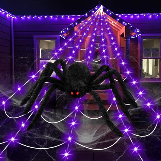 16.4ft triangular spider web with 250 purple or orange led lights