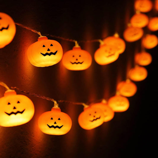 20 led 3d orange jack-o-lantern bulbs spaced 6 inches apart along 10 ft of flexible wire