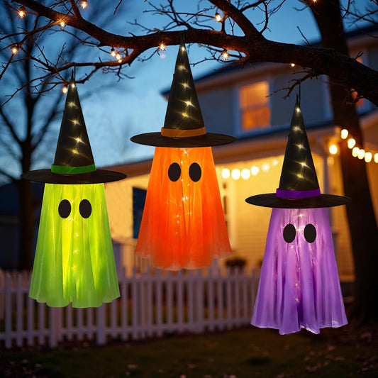 3-pack set: 3 hanging ghosts, 3 pairs of black felt eyes, and 3 battery-operated string lights