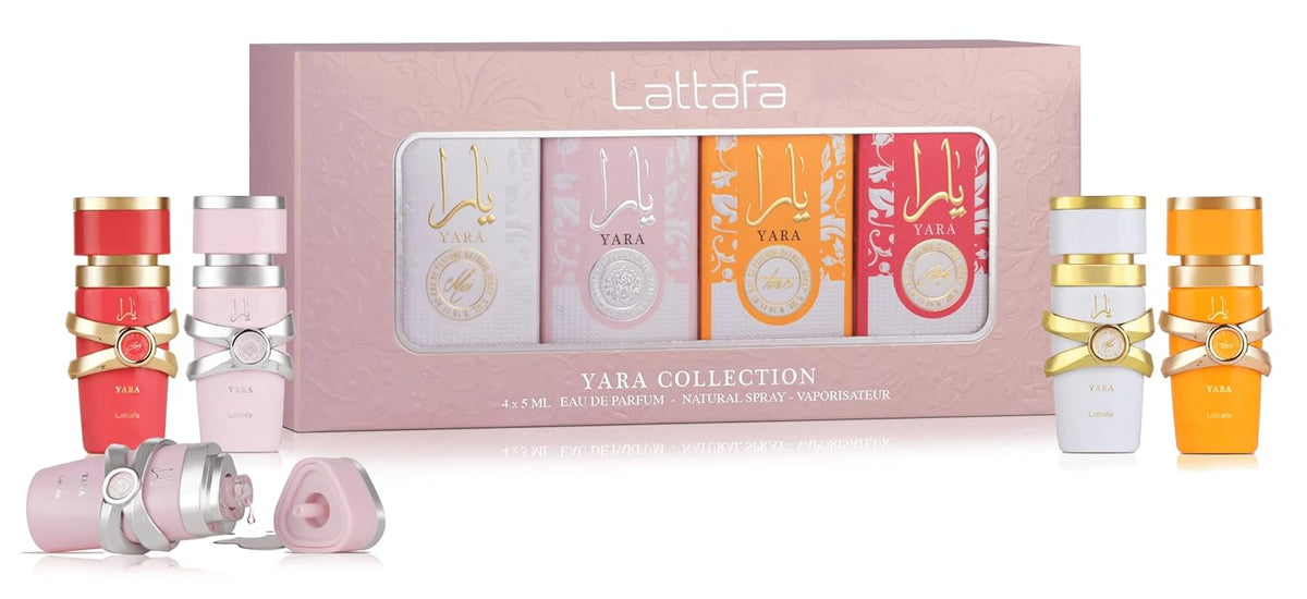 4 × 5 ml eau de parfum mini bottles (yara, yara moi, yara tous, yara candy)