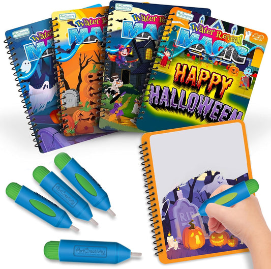 4-pack of spiral-bound halloween-themed water coloring books (pumpkins, ghosts, bats)