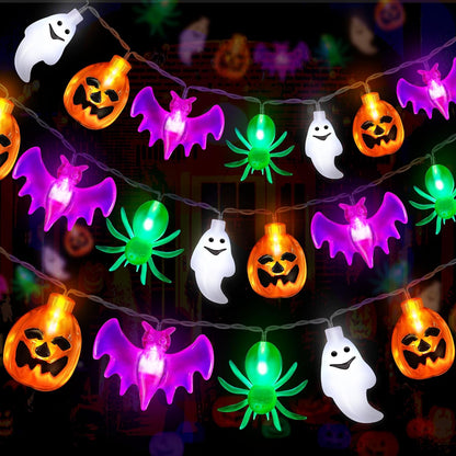 40 leds across 20 feet of string with pumpkin, bat, spider, and ghost shaped covers