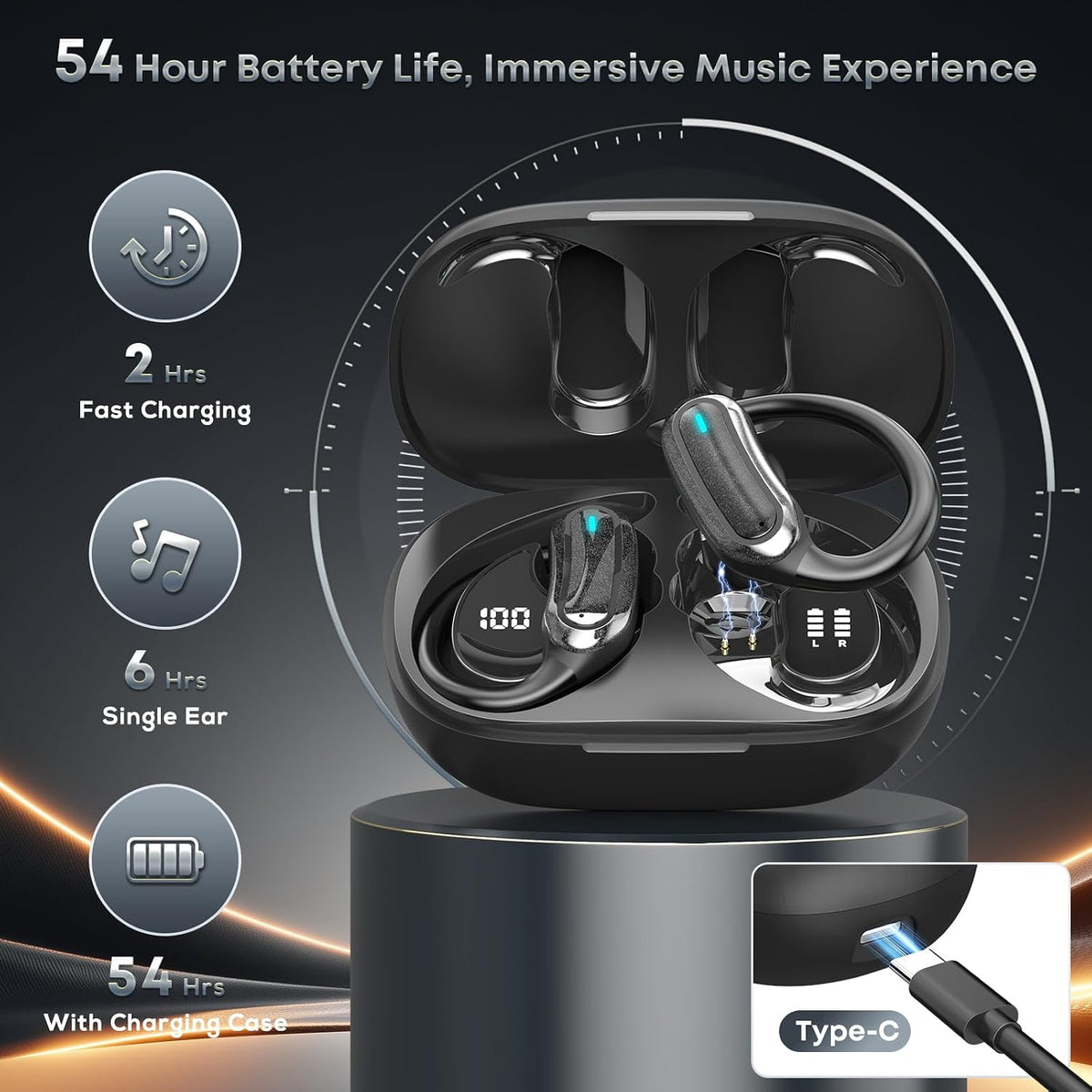 400mah charging case with led percentage display delivering 54h total playtime