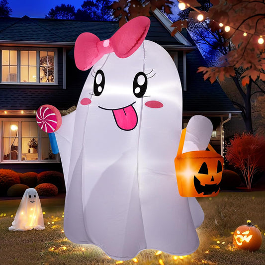 5-foot tall inflatable ghost with pink bow, pumpkin basket, and pink lollipop