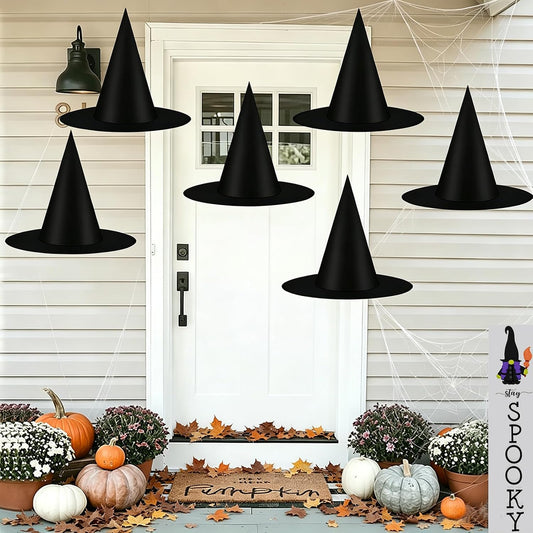 6-piece set of thickened black witch hats with built-in flexible wire brim that pops back into shape