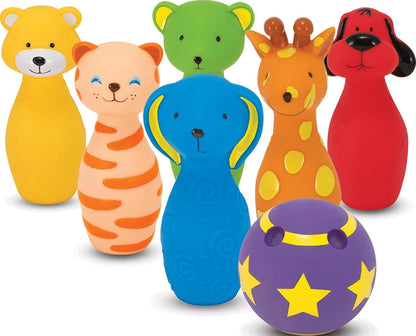6 soft plastic animal-themed bowling pins with weighted bases for stability