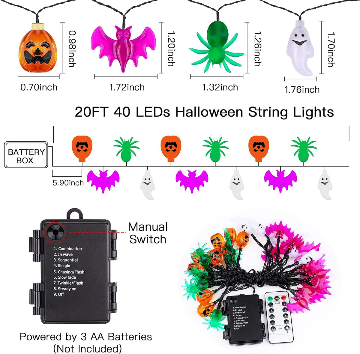 8 lighting modes including combination, waves, flash, sequential, slow glow, slow fade, twinkle, and steady on