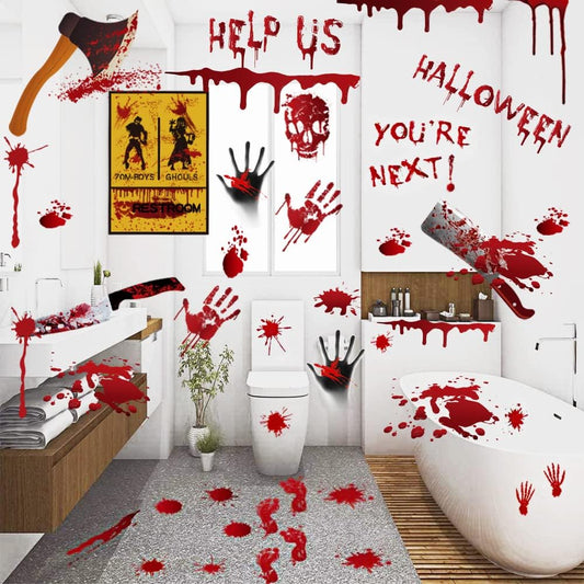 84-piece set across 8 sheets with mixed handprint, footprint, and bloodstain designs