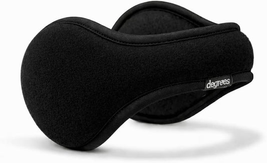 behind-the-head ear-warmer frame that clears hair, hats, and helmet straps