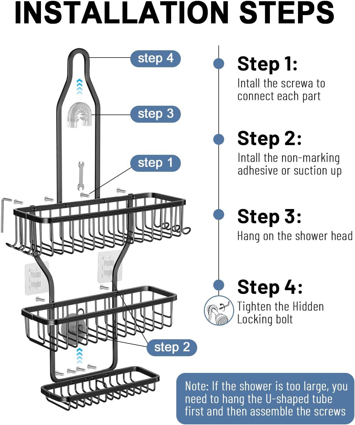 [Brand] Housewarming Shower Organizer for New Apartment Setup, Black Aluminum Caddy with Soap Basket
