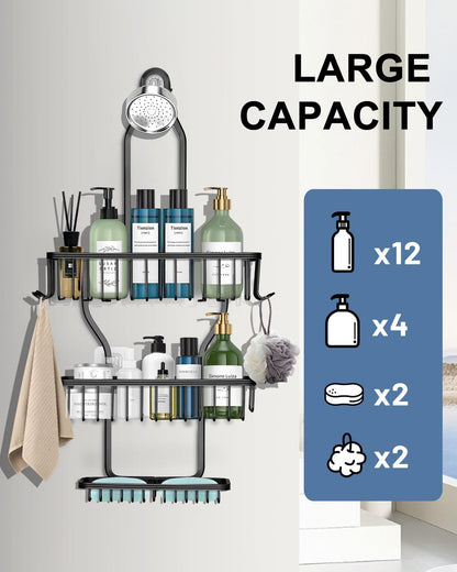 [Brand] Housewarming Shower Organizer for New Apartment Setup, Black Aluminum Caddy with Soap Basket