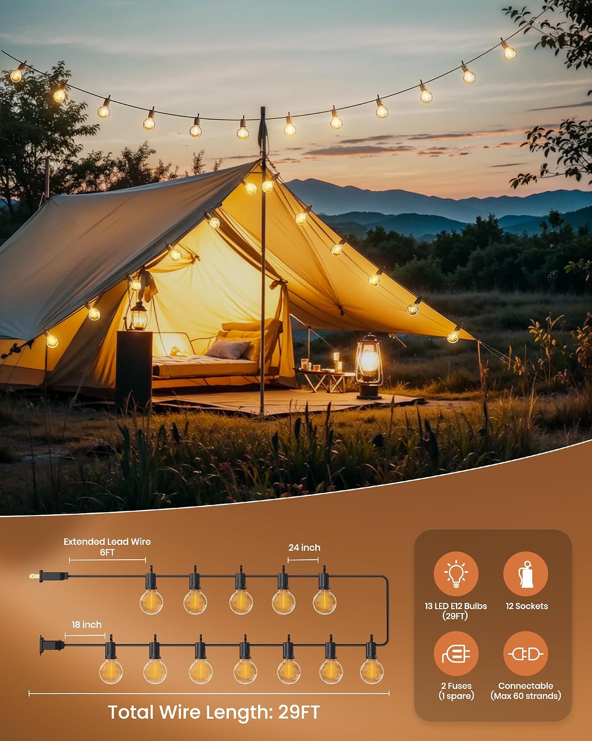 Brightown Patio Lights 29FT G40 LED 12 Bulbs | Ready-to-Gift Outdoor String Lights for Housewarming, Wedding Shower, Birthday, and Holiday Gifting, Warm White