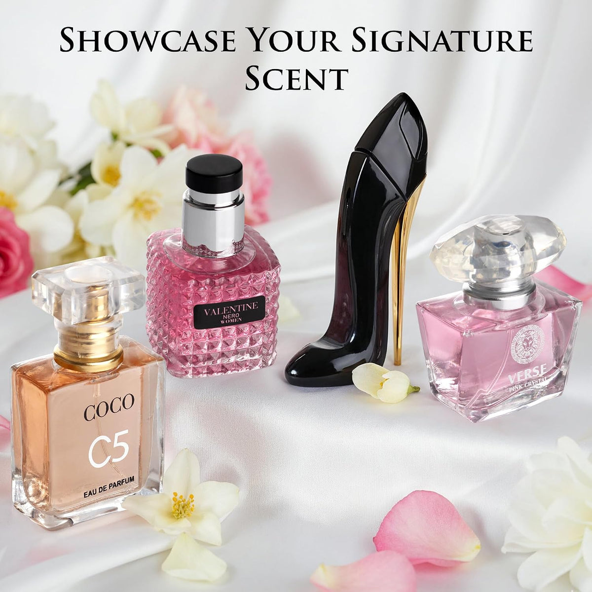 combined note profile including vanilla, patchouli, rose, citrus, amber, cacao, and woody notes across the set