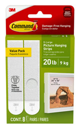 Command 20 Lb XL Heavyweight Picture Hanging Strips, No Drill No Nails Wall Hanger Safe for Kids Bedrooms and Pet Friendly Homes, 8 Pairs White Adhesive Strips