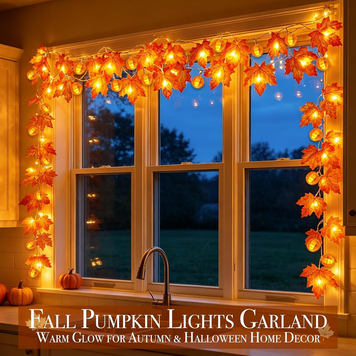 each strand combines 10 pumpkin bulbs and 10 enlarged 4-inch silk maple leaves