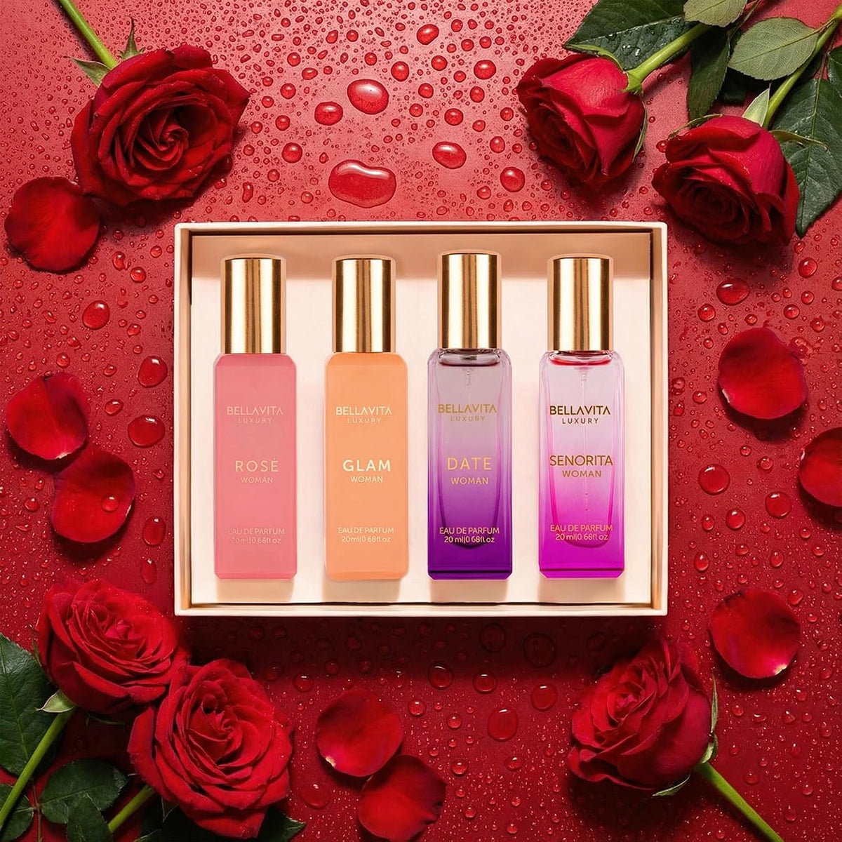 four signature scents: date, senorita, glam, and rose