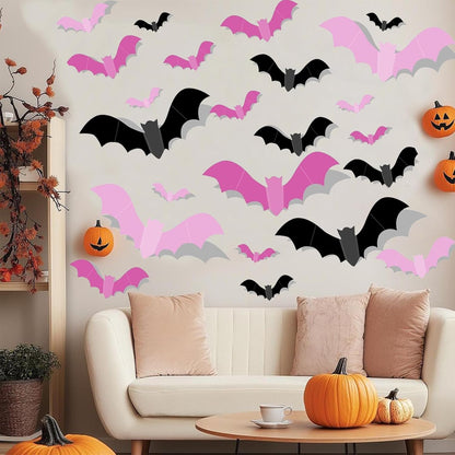 Halloween Bat Wall Decor – 72 Pcs 3D PVC Stickers for Living Room and Bedroom Aesthetic, Orange Purple Black Swarm Decals