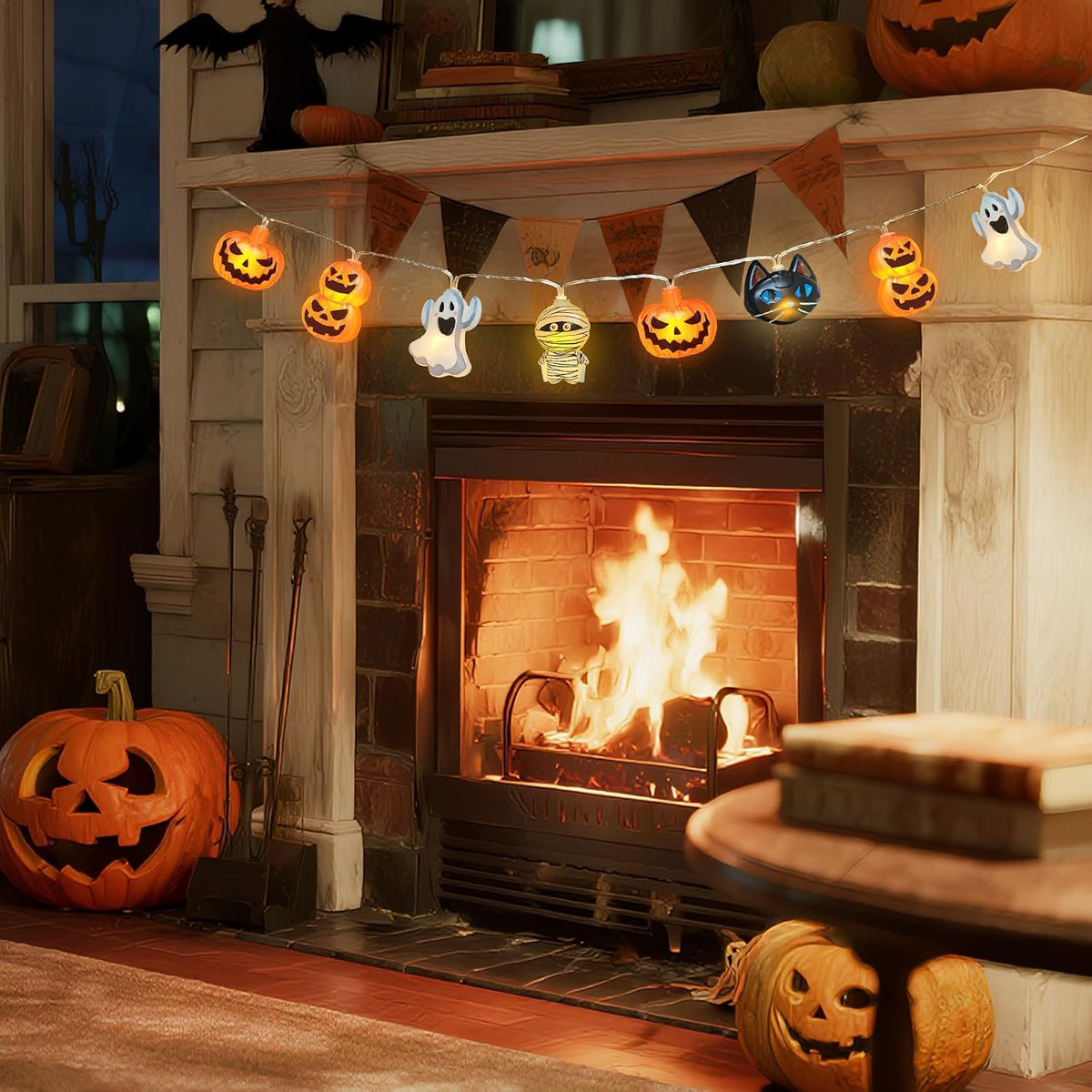 Halloween Patio Lights Battery Powered – 9.84 FT Pumpkin and Cat LED String for Yard Decor