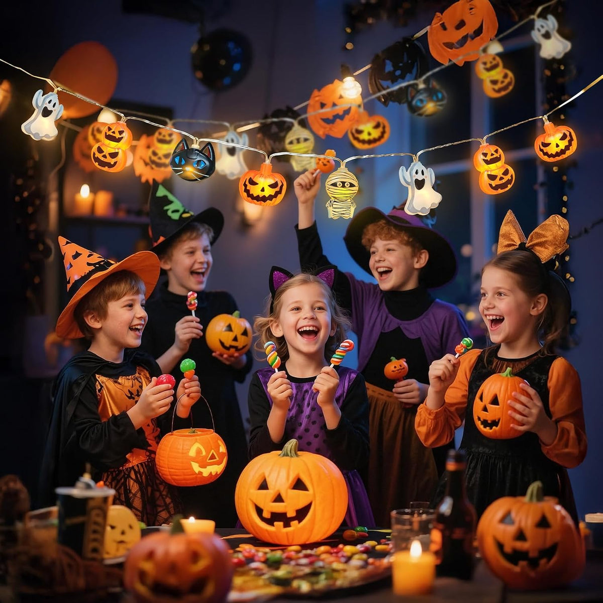 Halloween Patio Lights Battery Powered – 9.84 FT Pumpkin and Cat LED String for Yard Decor