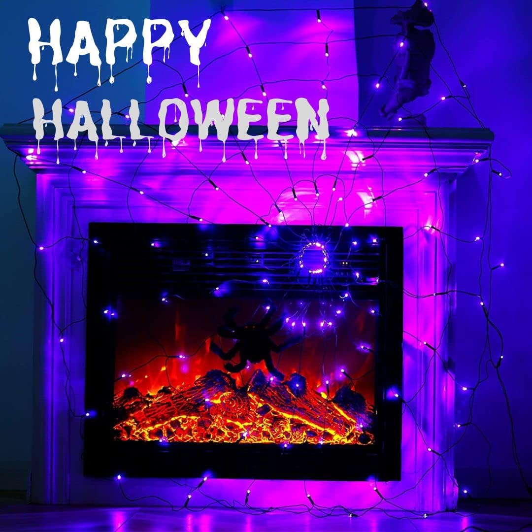 Halloween Spider Web Lights for Kids Room – Battery Powered LED Decor with Remote Timer and No Flame