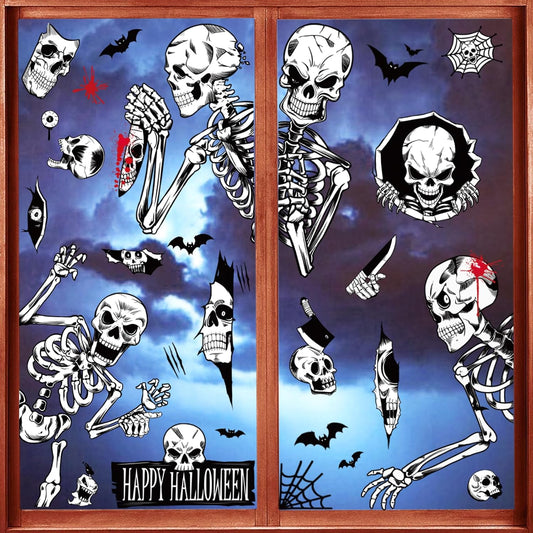 Halloween Window Clings - Waterproof Skull Decals for Storefront Glass and Cafe Window Displays, Reusable PVC