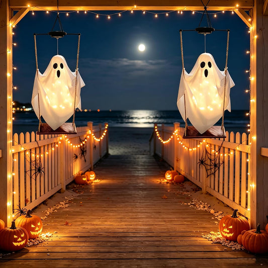 lightweight ghost figure on retro metal swing that sways naturally in the wind