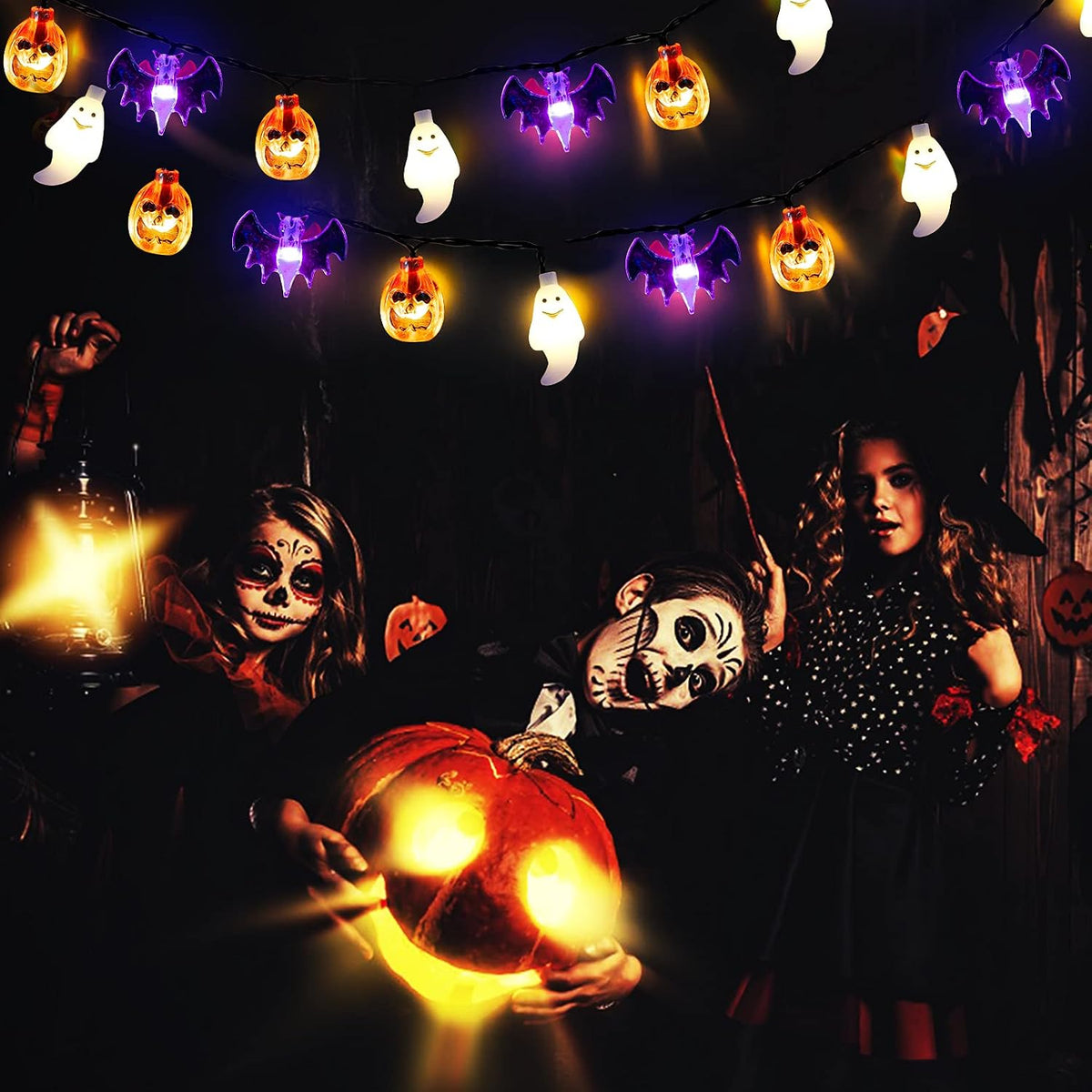 Mosoan Portable Halloween String Lights 20Ft 30 LED Pumpkin Ghost Bat Shaped for Camping Table Backyard Party Setup