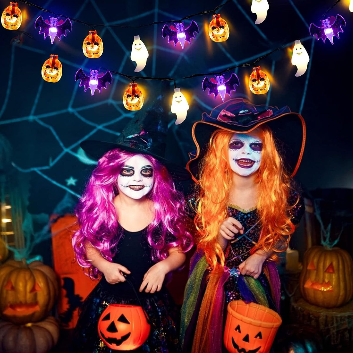 Mosoan Portable Halloween String Lights 20Ft 30 LED Pumpkin Ghost Bat Shaped for Camping Table Backyard Party Setup