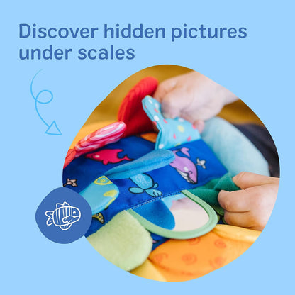 multi-textured surfaces including soft plush scales with hidden peek-a-boo pictures