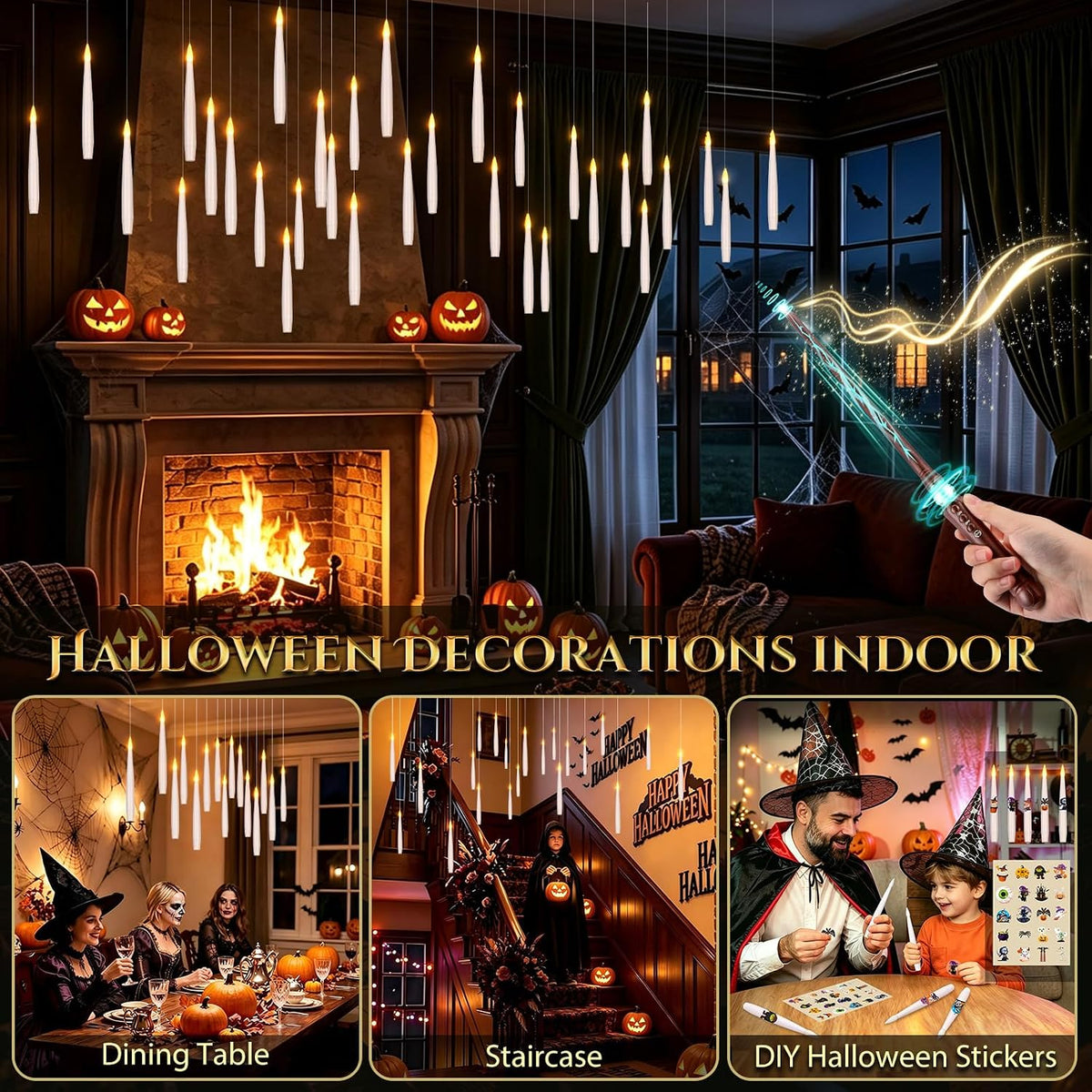 OCATO Floating Candles for Living Room Aesthetic - Flickering LED Hanging Lights with Magic Wand for Cozy Fantasy Ambiance Year Round