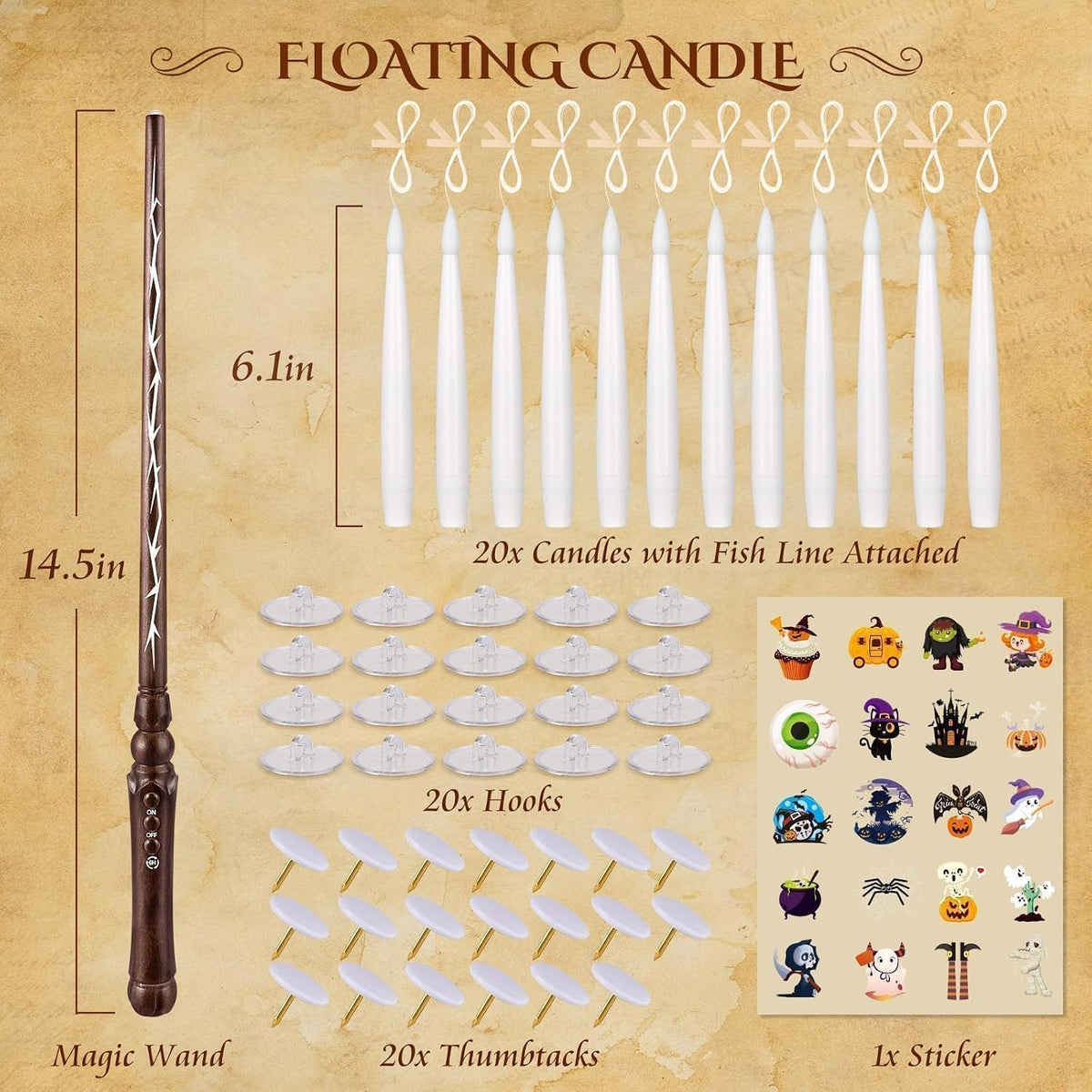 OCATO Floating Candles for Living Room Aesthetic - Flickering LED Hanging Lights with Magic Wand for Cozy Fantasy Ambiance Year Round