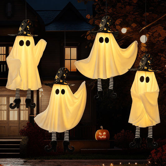 set of 4 hanging ghosts with gold-print witch hats (approx. 20.8" x 8.6")