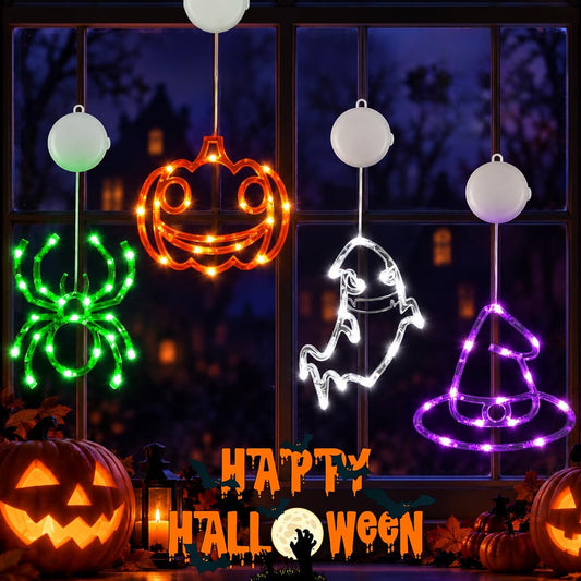 set of 4 led window lights in ghost, pumpkin, spider and witch hat shapes