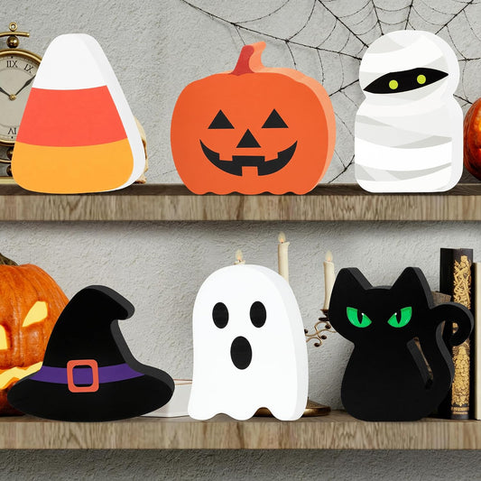 set of 6 wooden signs covering six classic halloween motifs (pumpkin, ghost, mummy, black cat, witch hat, candy)
