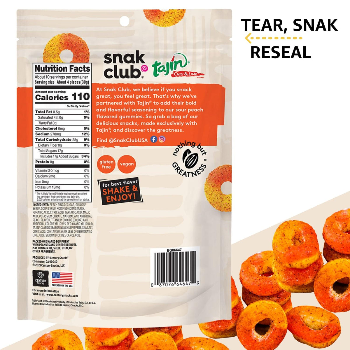 Snak Club Tajin Apple Rings Gummy Candy – Lunchbox Stuffer for School and Car Cup Holders, Sweet-Spicy Apple Rings, 11 oz Resealable