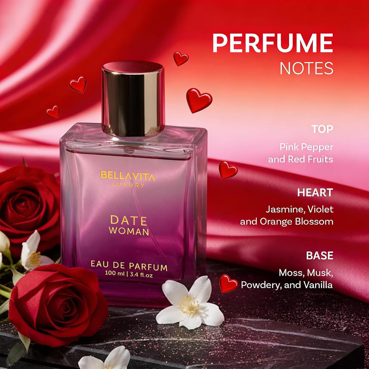 three-layer notes pyramid: red fruits + pink pepper (top), jasmine + orange blossom + violet (heart), musk + moss + powder + creamy vanilla (base)