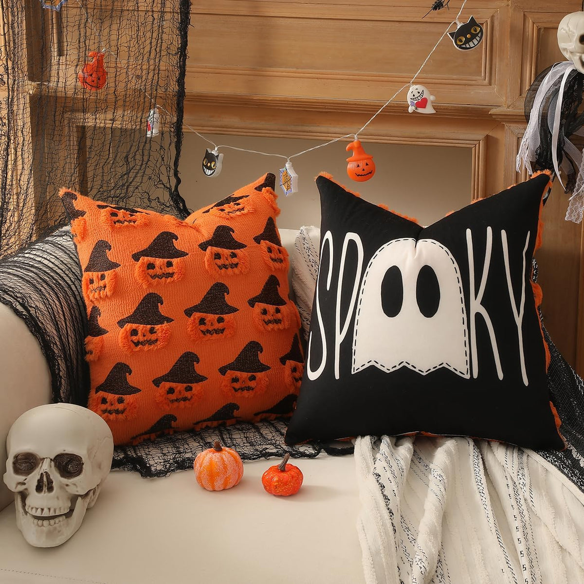 TOYPOPOR Halloween Pillow Covers 18x18 2 Pack Reversible Pumpkin Ghost Gift Set with Candle Pairing for October Housewarming