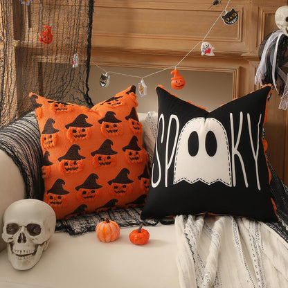 TOYPOPOR Halloween Pillow Covers 18x18 2 Pack Reversible Pumpkin Ghost Gift Set with Candle Pairing for October Housewarming